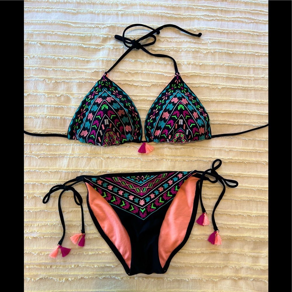 Pink & Black Bikini with Tassels